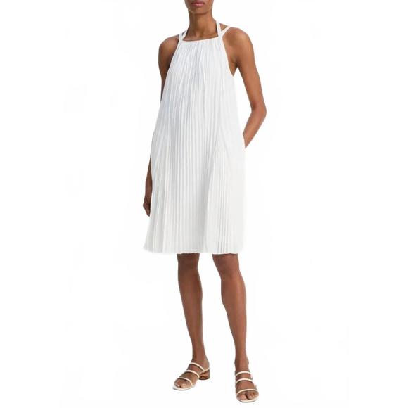 NEW VINCE pleated a- line pintuck mini dress in white